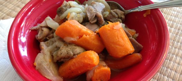 This braised lamb shank homemade recipes in a red bowl, over a bamboo placemat. Spoon in bowl. Contains large soft carrot chunks, garlic, white onions, bay leaf, red radish (not seen).