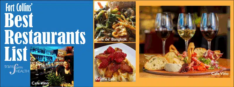 Fort Collins Colorado Best Restaurants List header image with images of Cafe Vino, Waffle Lab and Cafe De’ Bangkok in Fort Collins.