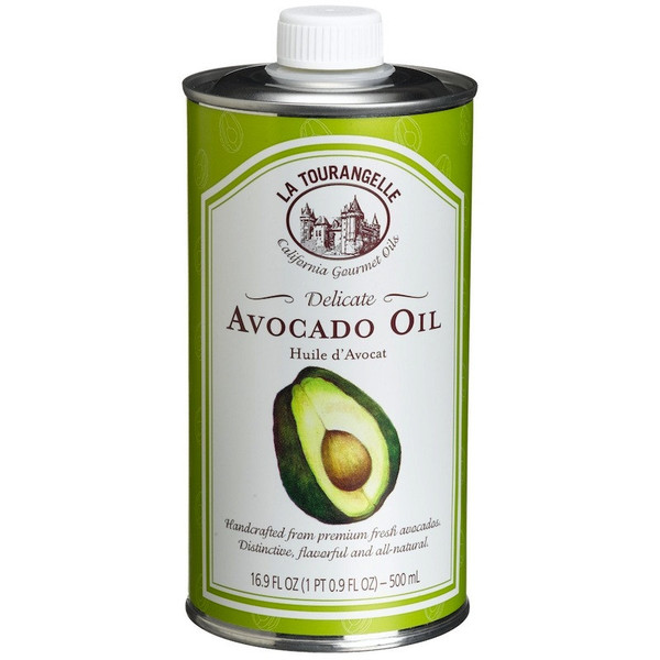 avocado oil image, La Tourangelle brand green and white Avocado Oil metal bottle, packaging for La Tourangelle Avocado Oil bottle
