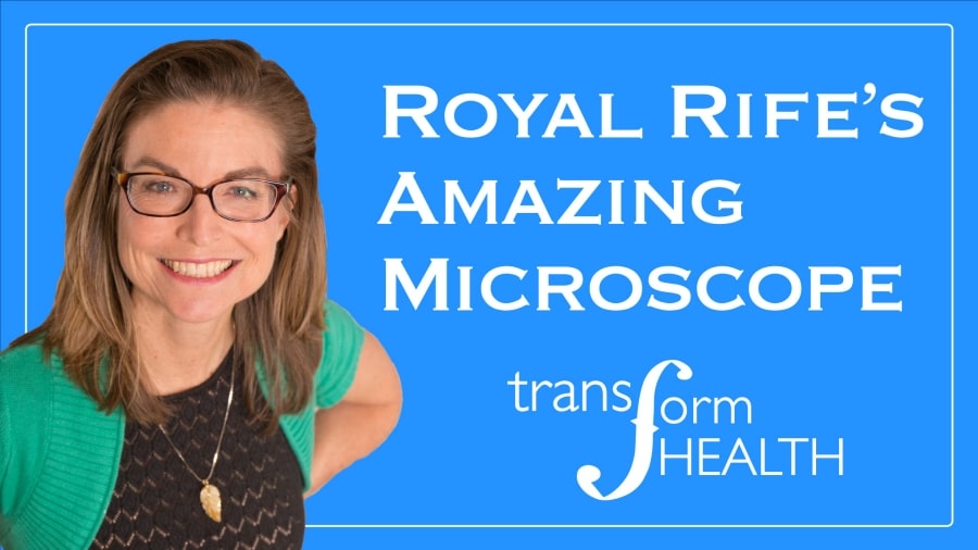 title cover for video podcast for Royal Rife’s Amazing Microscope, blue background with Diana Sproul’s smiling photograph on the left side. The lower right is the Transform Health logo.