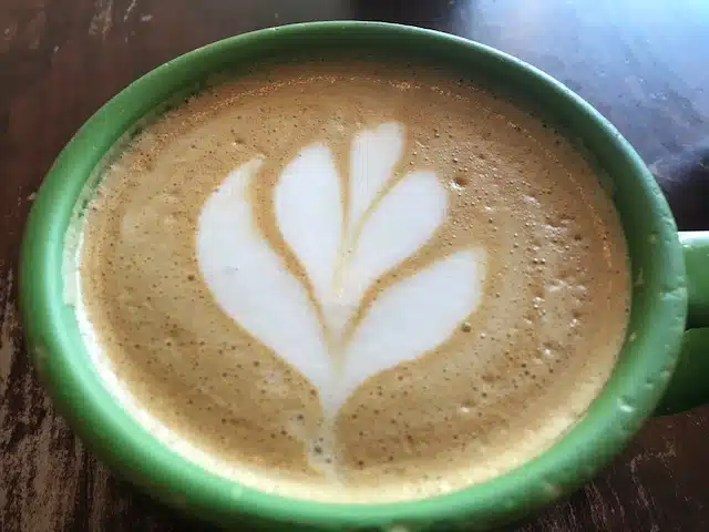 Coffee Latte Art flour de lis in large green mug, Favorite coffee and dessert places in Fort Collins, Colorado, a list by Diana Sproul of Transform Health